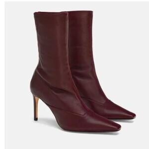 Zara Burgundy Stretch Leather Stiletto Heeled Ankle Boot EU36 US 5.5 Square Toe‎